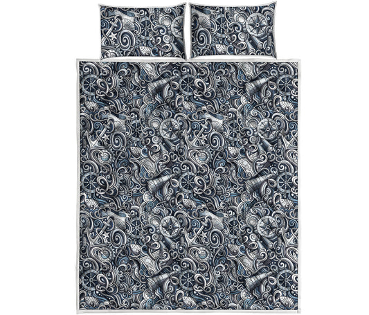 Abstract Nautical Anchor Pattern Print Quilt Bed Set