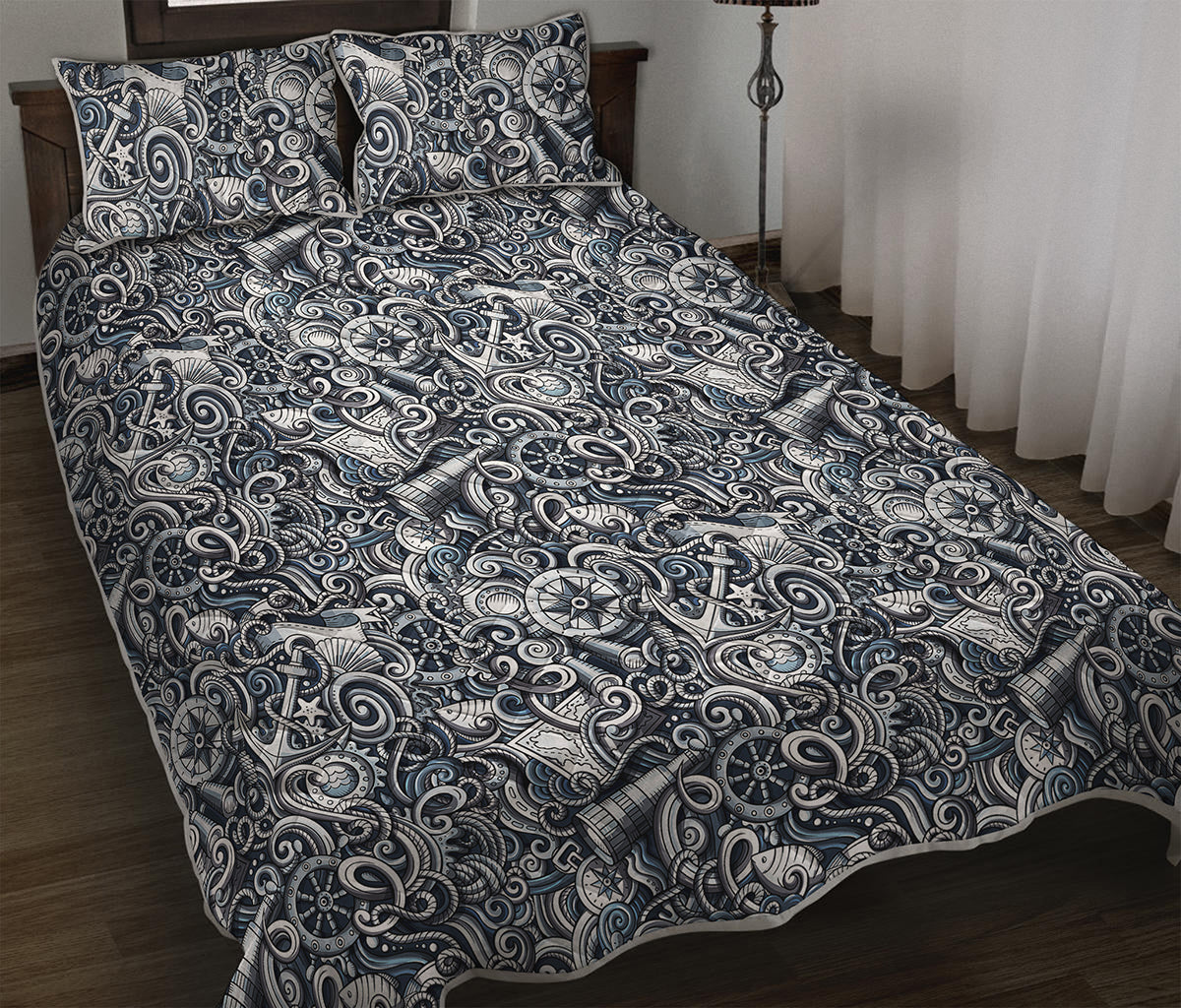 Abstract Nautical Anchor Pattern Print Quilt Bed Set