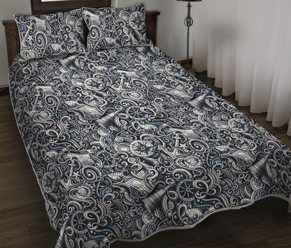 Abstract Nautical Anchor Pattern Print Quilt Bed Set