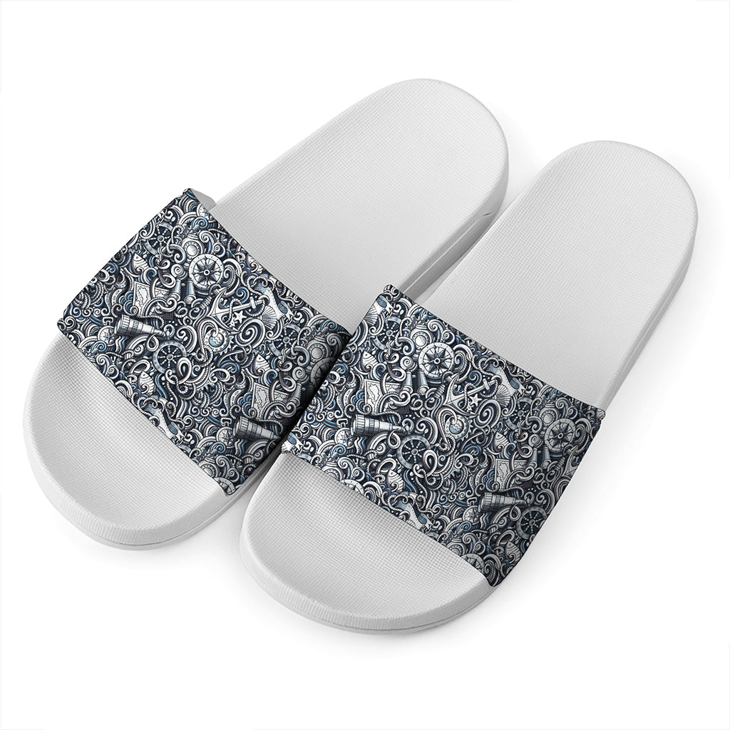 Abstract Nautical Anchor Pattern Print White Slide Sandals
