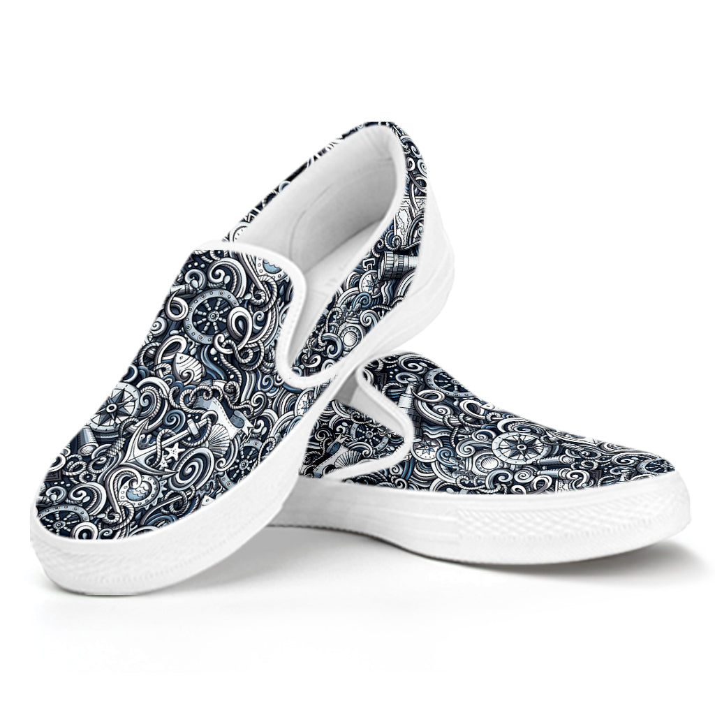 Abstract Nautical Anchor Pattern Print White Slip On Shoes