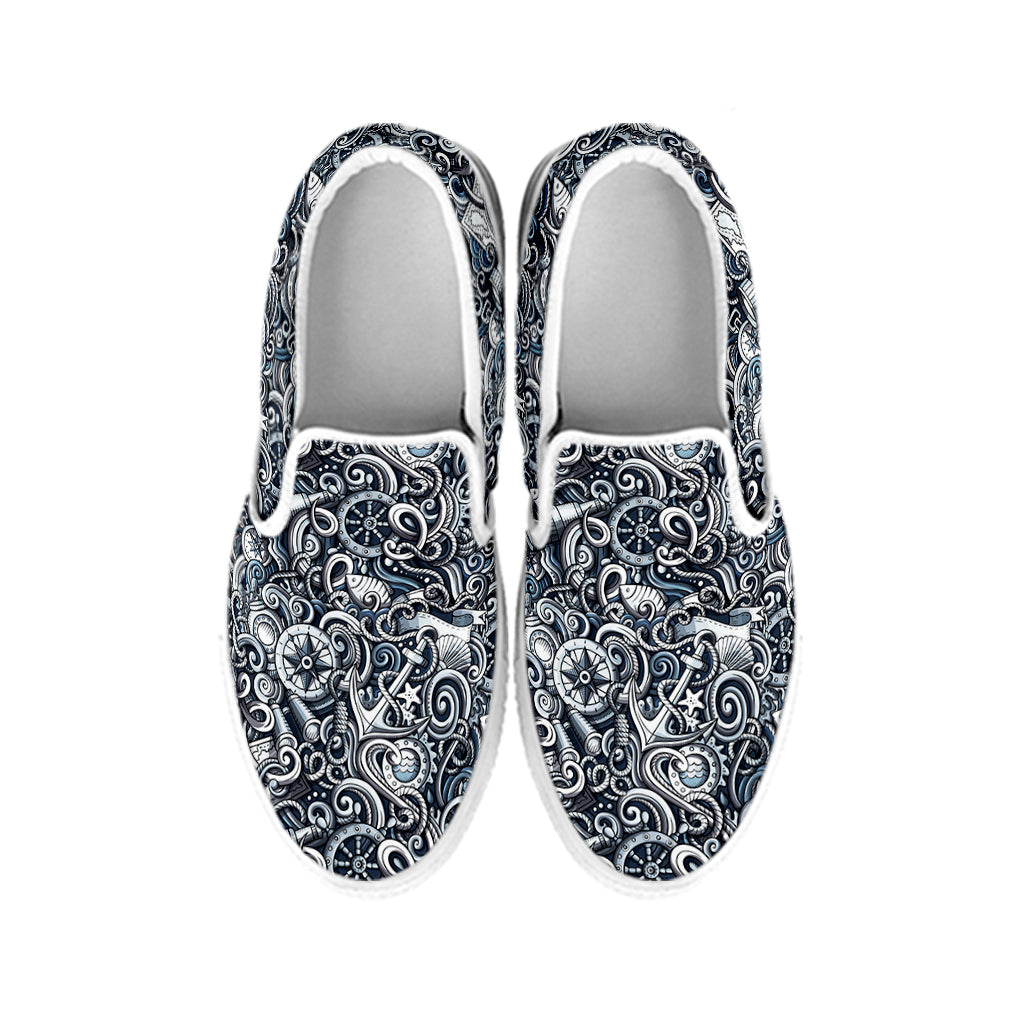 Abstract Nautical Anchor Pattern Print White Slip On Shoes