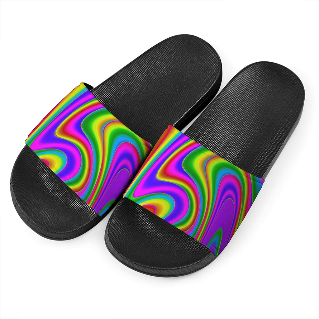 Abstract Neon Trippy Print Black Slide Sandals