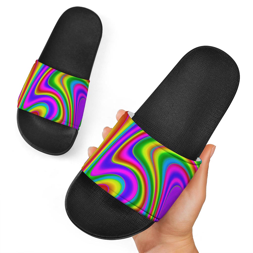 Abstract Neon Trippy Print Black Slide Sandals