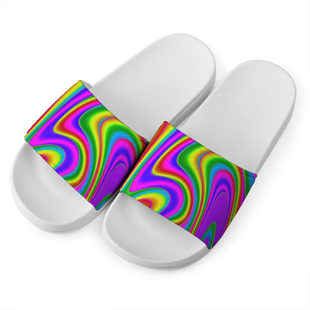 Abstract Neon Trippy Print White Slide Sandals