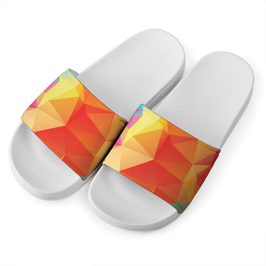 Abstract Polygonal Geometric Print White Slide Sandals