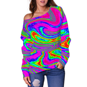Abstract Psychedelic Liquid Trippy Print Off Shoulder Sweatshirt GearFrost