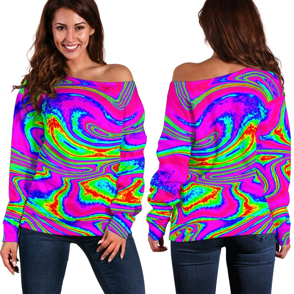 Abstract Psychedelic Liquid Trippy Print Off Shoulder Sweatshirt GearFrost