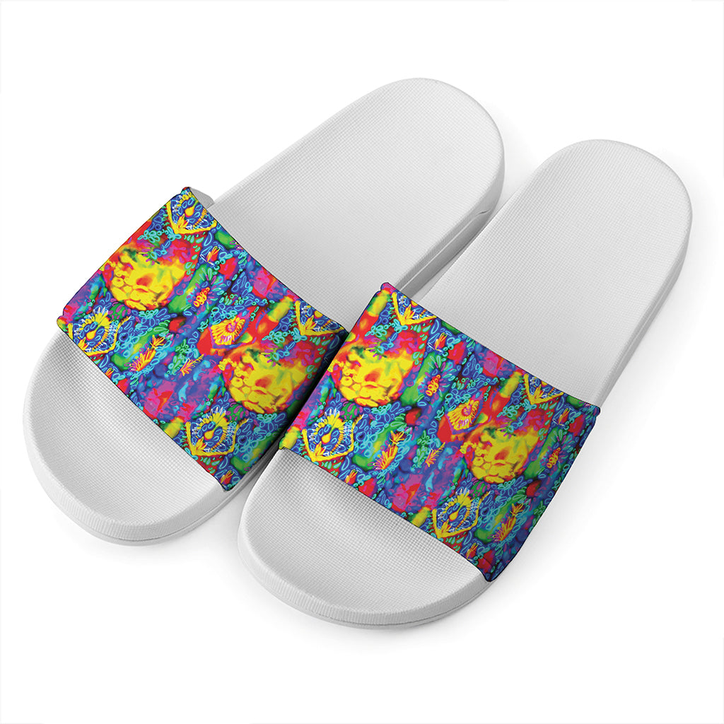 Abstract Psychedelic Print White Slide Sandals