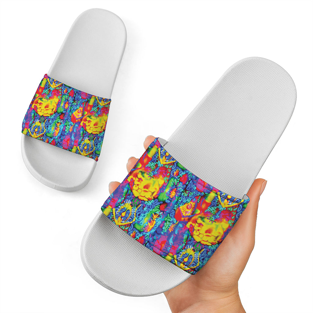 Abstract Psychedelic Print White Slide Sandals