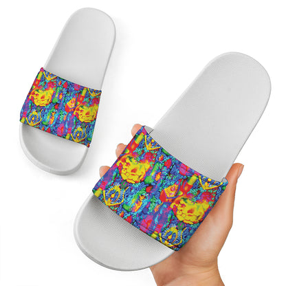 Abstract Psychedelic Print White Slide Sandals