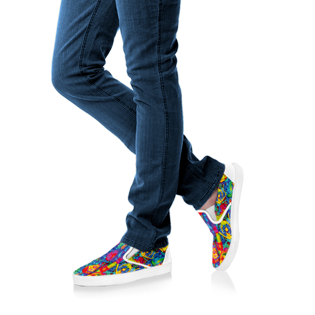 Abstract Psychedelic Print White Slip On Shoes