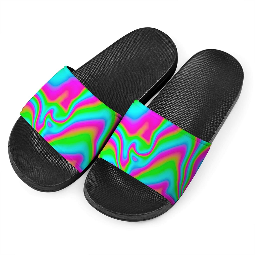 Abstract Psychedelic Trippy Print Black Slide Sandals