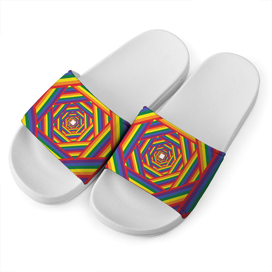 Abstract Rainbow LGBT Stripes Print White Slide Sandals