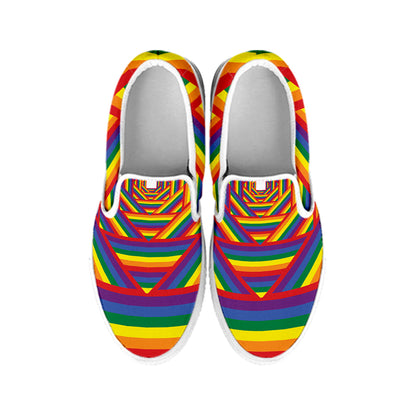 Abstract Rainbow LGBT Stripes Print White Slip On Shoes