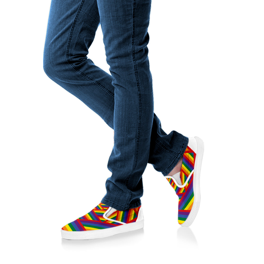 Abstract Rainbow LGBT Stripes Print White Slip On Shoes