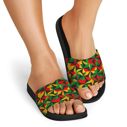 Abstract Reggae Pattern Print Black Slide Sandals