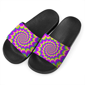 Abstract Spiral Moving Optical Illusion Black Slide Sandals