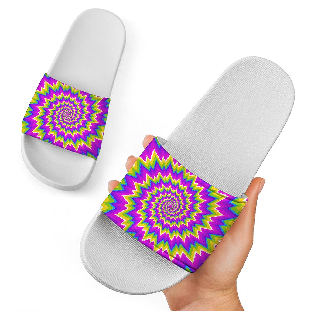 Abstract Spiral Moving Optical Illusion White Slide Sandals