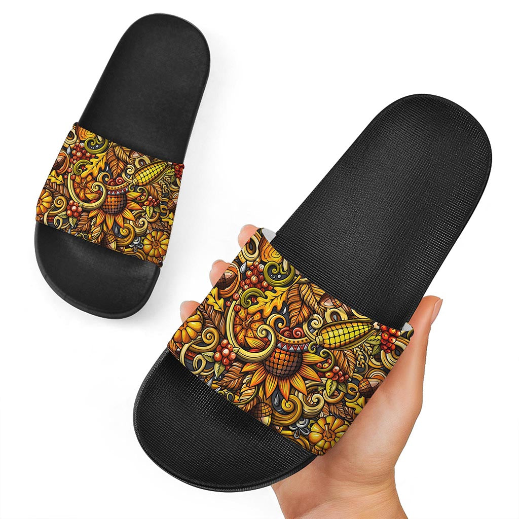 Abstract Sunflower Pattern Print Black Slide Sandals