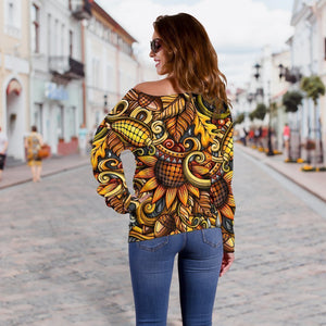 Abstract Sunflower Pattern Print Off Shoulder Sweatshirt GearFrost