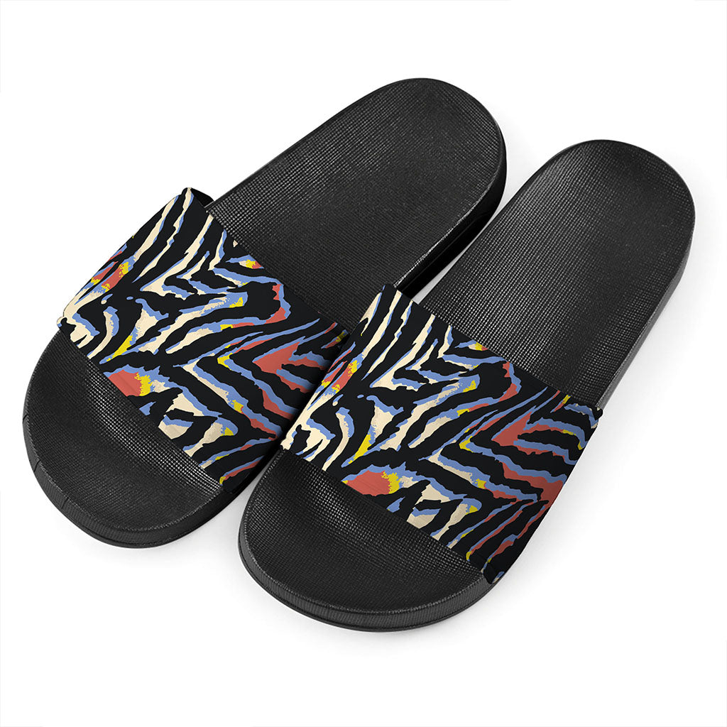 Abstract Zebra Pattern Print Black Slide Sandals