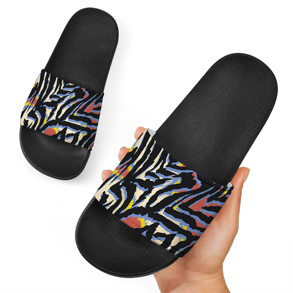 Abstract Zebra Pattern Print Black Slide Sandals