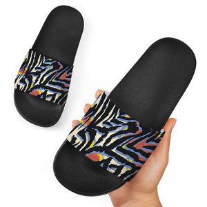 Abstract Zebra Pattern Print Black Slide Sandals