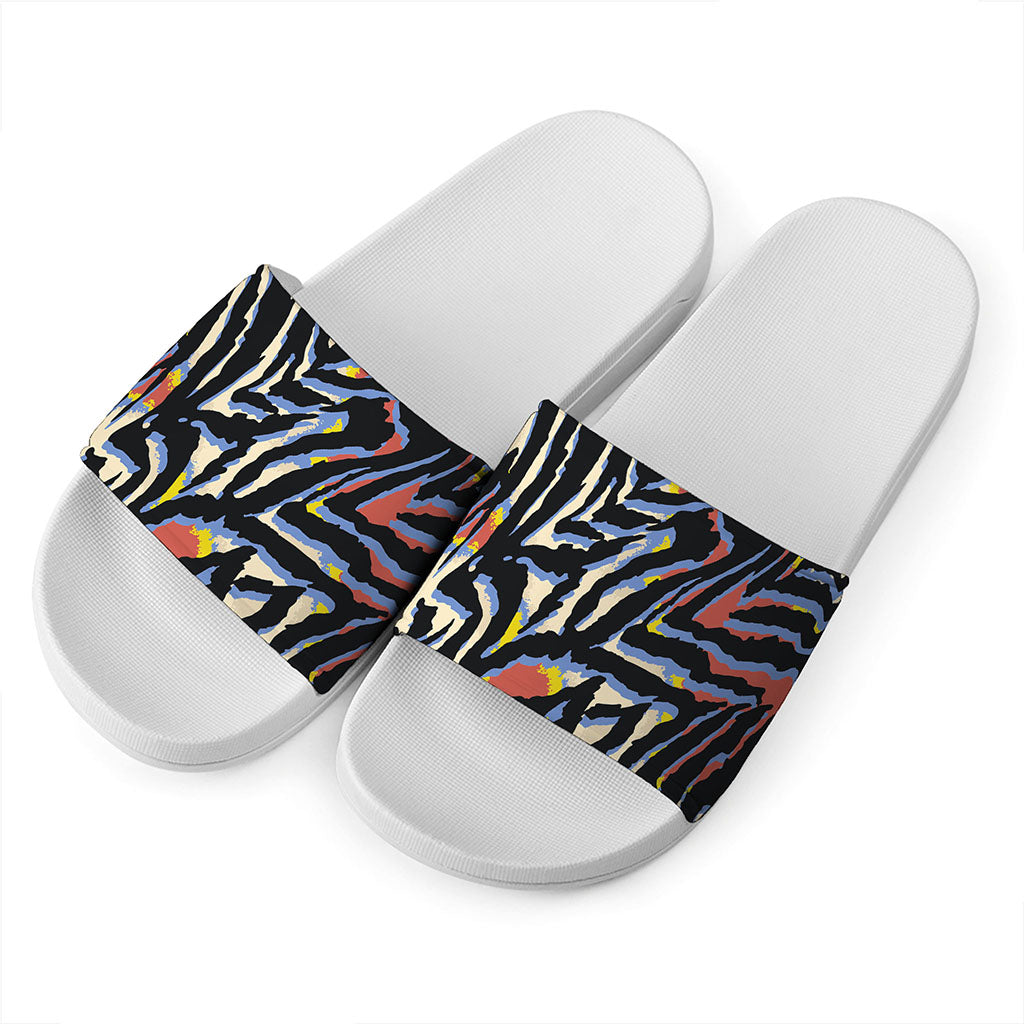 Abstract Zebra Pattern Print White Slide Sandals