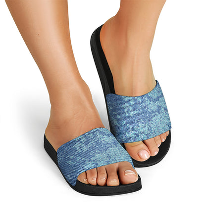 Acid Wash Denim Jeans Pattern Print Black Slide Sandals