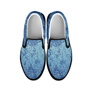 Acid Wash Denim Jeans Pattern Print Black Slip On Shoes