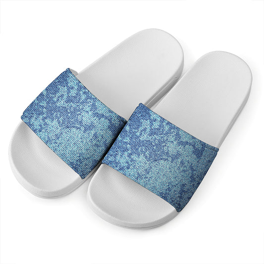 Acid Wash Denim Jeans Pattern Print White Slide Sandals