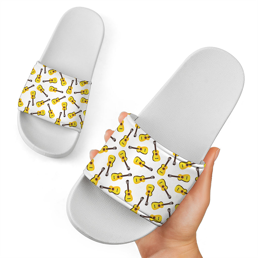 Acoustic Guitar Pattern Print White Slide Sandals