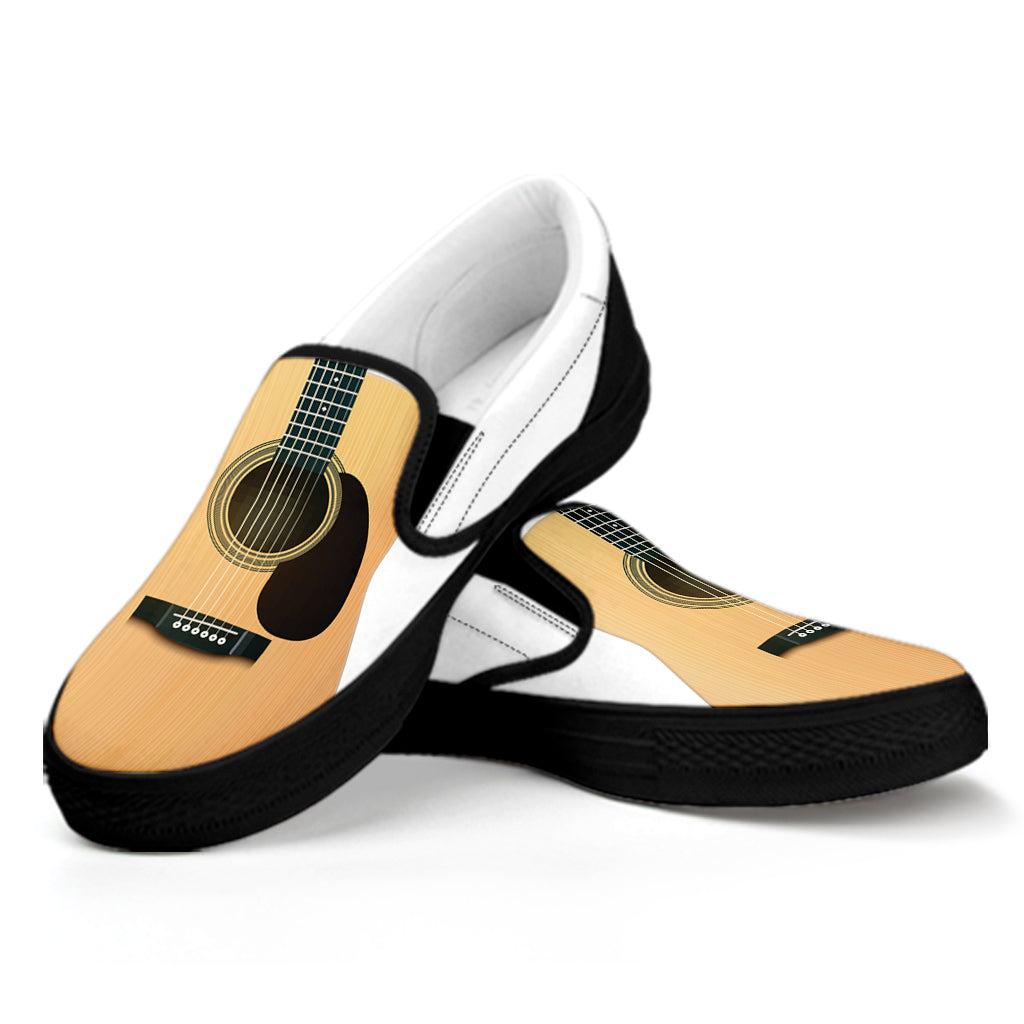 Acoustic Guitar Print Black Slip On Shoes