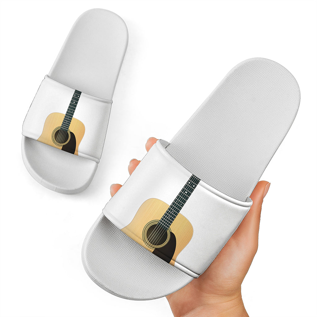 Acoustic Guitar Print White Slide Sandals