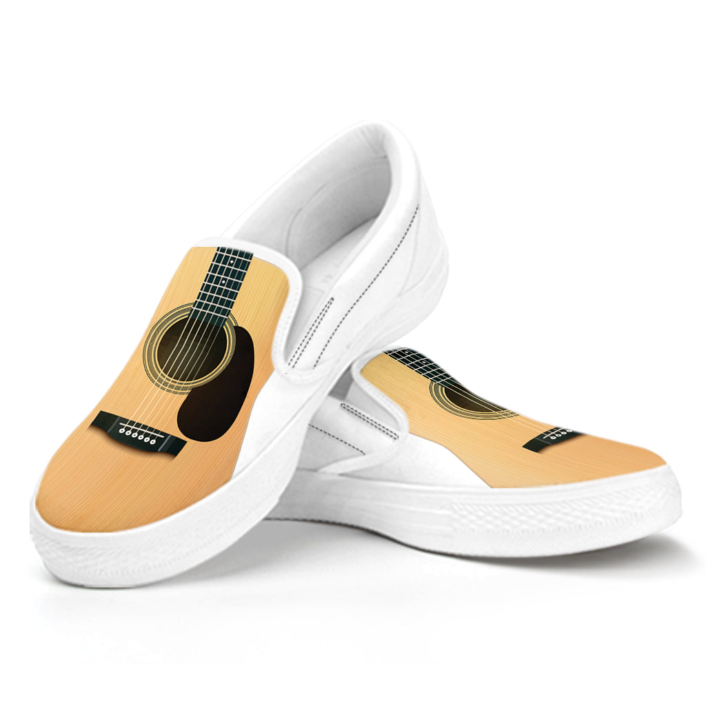 Acoustic Guitar Print White Slip On Shoes