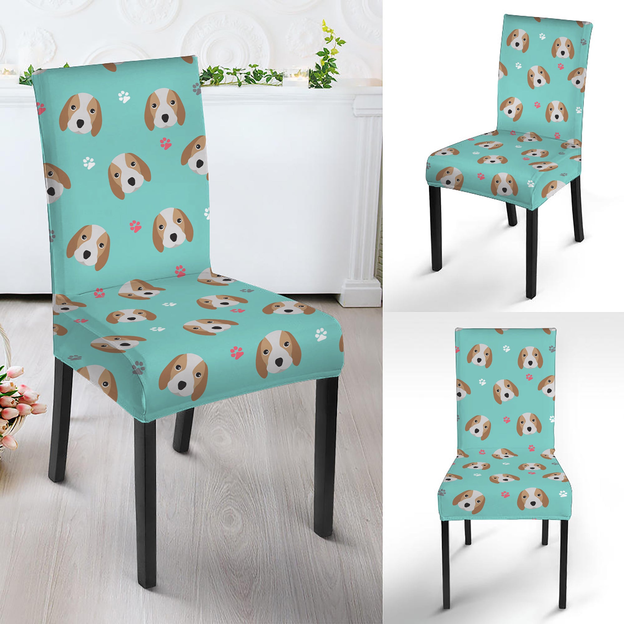 Adorable Beagle Puppy Pattern Print Dining Chair Slipcover