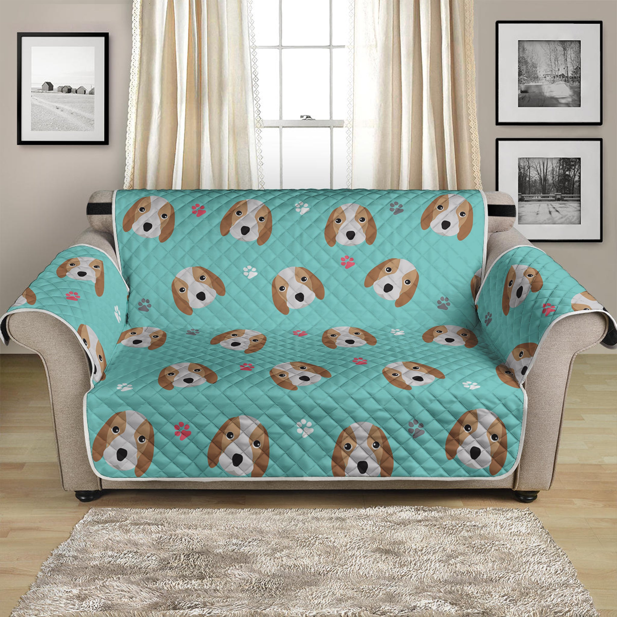 Adorable Beagle Puppy Pattern Print Loveseat Protector