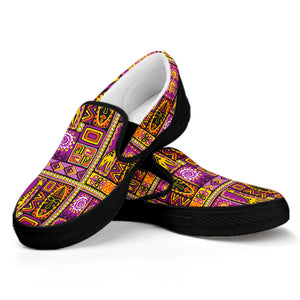 African Ethnic Tribal Inspired Print Black Slip On Shoes