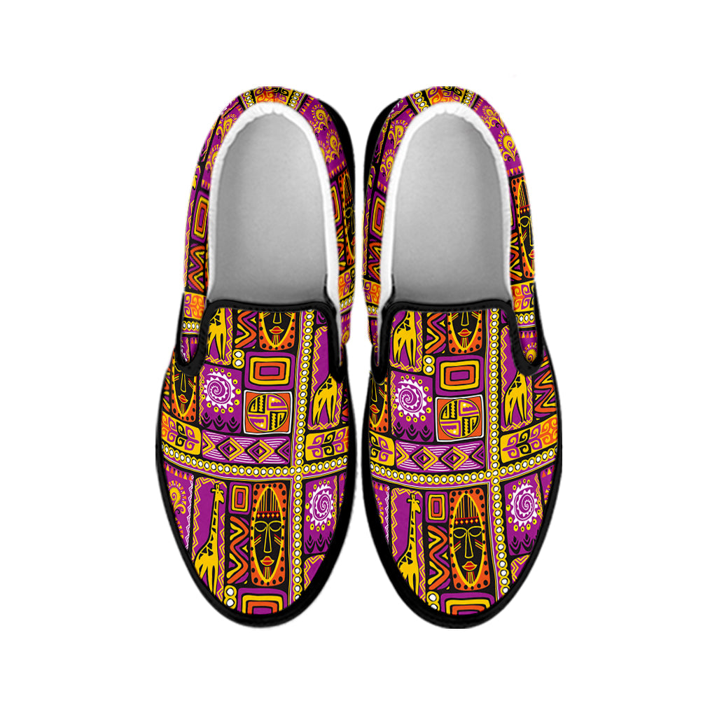 African Ethnic Tribal Inspired Print Black Slip On Shoes