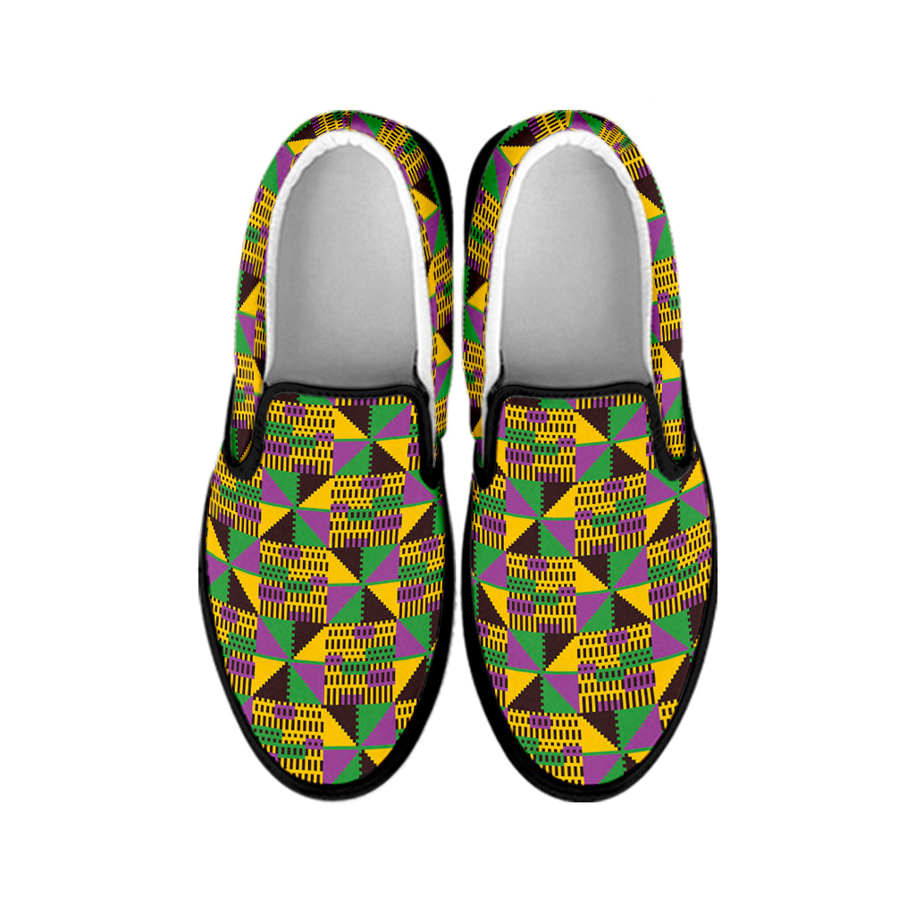 African Kente Pattern Print Black Slip On Shoes