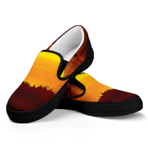 African Savanna Sunset Print Black Slip On Shoes