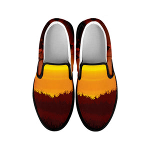African Savanna Sunset Print Black Slip On Shoes