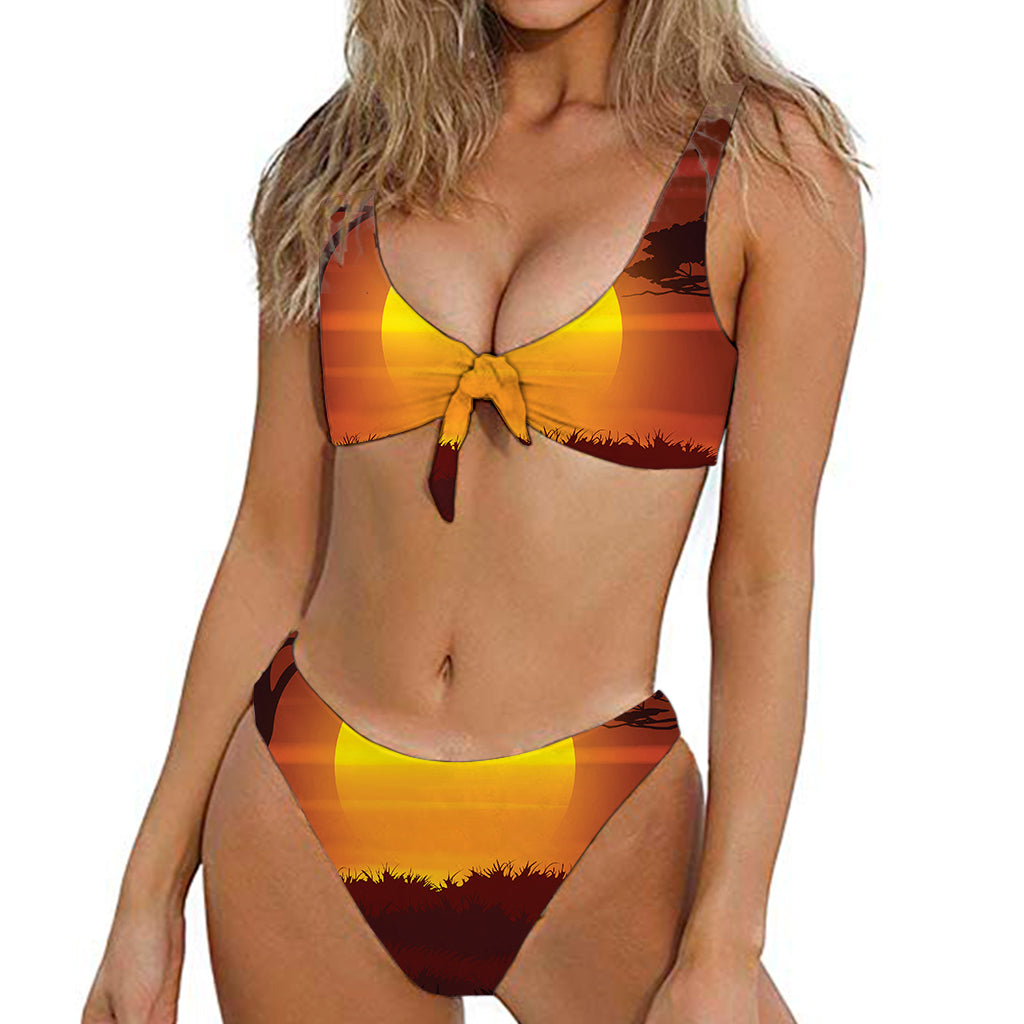 African Savanna Sunset Print Front Bow Tie Bikini