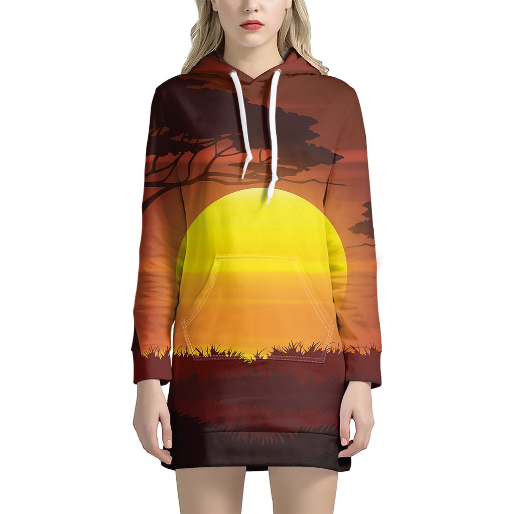 African Savanna Sunset Print Hoodie Dress