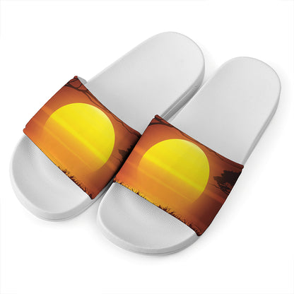 African Savanna Sunset Print White Slide Sandals
