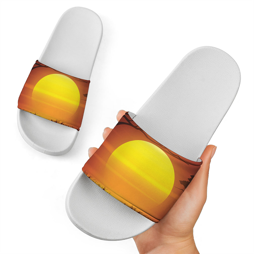 African Savanna Sunset Print White Slide Sandals