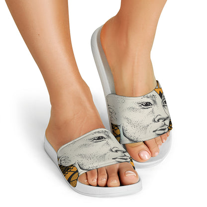 African Style Print White Slide Sandals