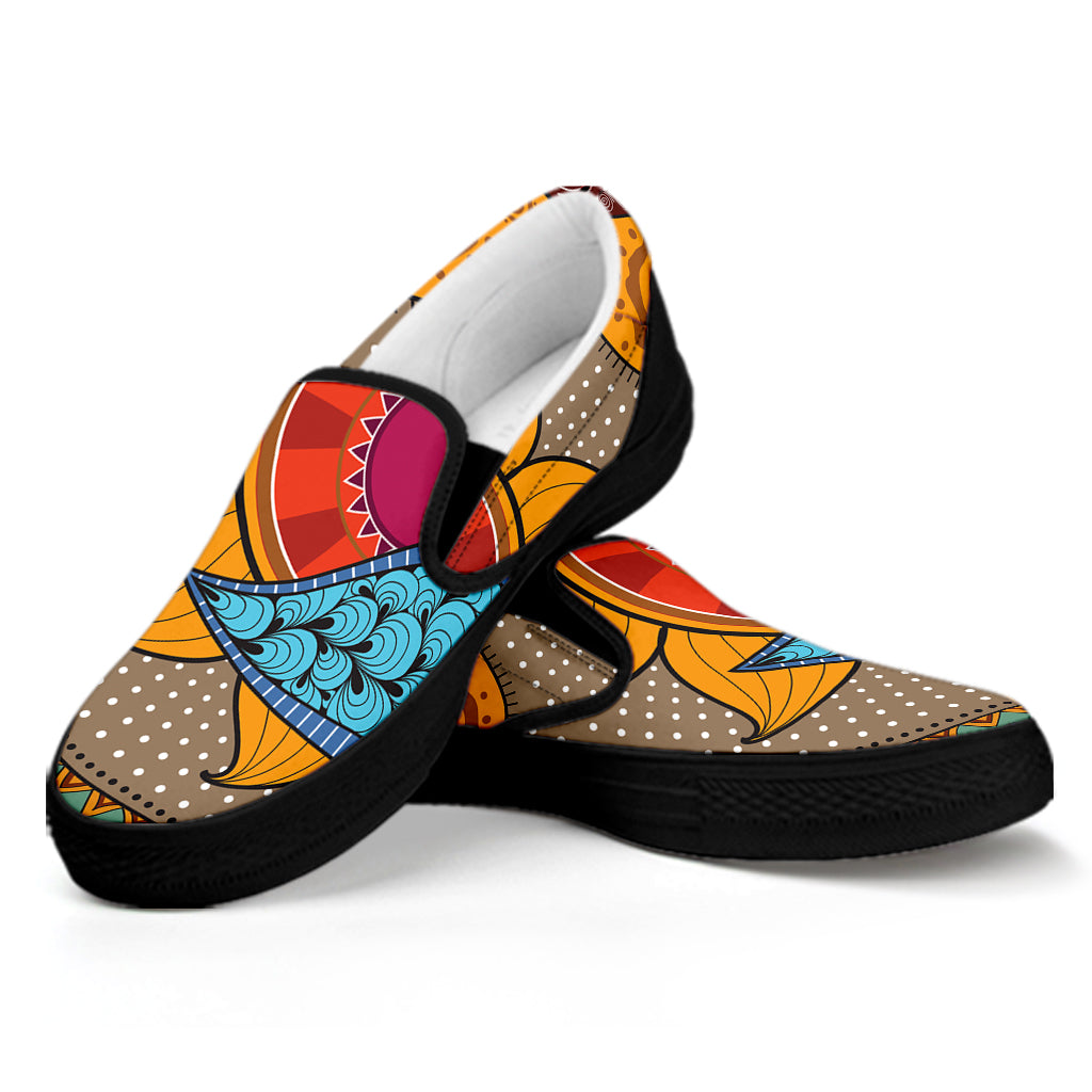 African Sun Print Black Slip On Shoes