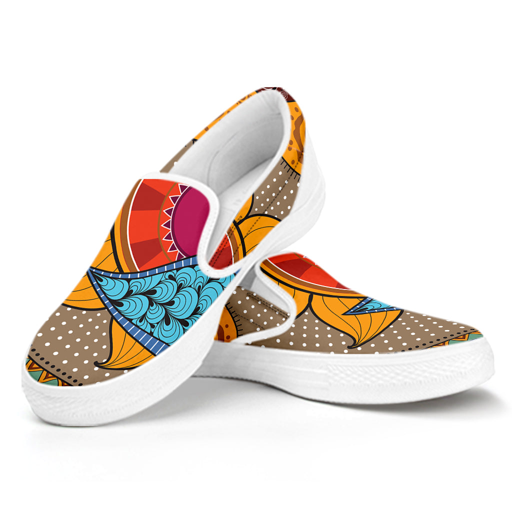 African Sun Print White Slip On Shoes